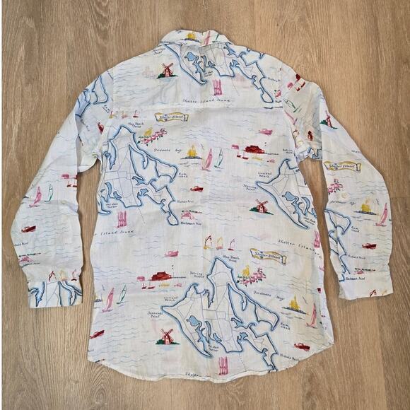 C&C California Map Print Button Up Blouse Sz M Shelter Island Linen Coastal Top - Picture 2 of 3